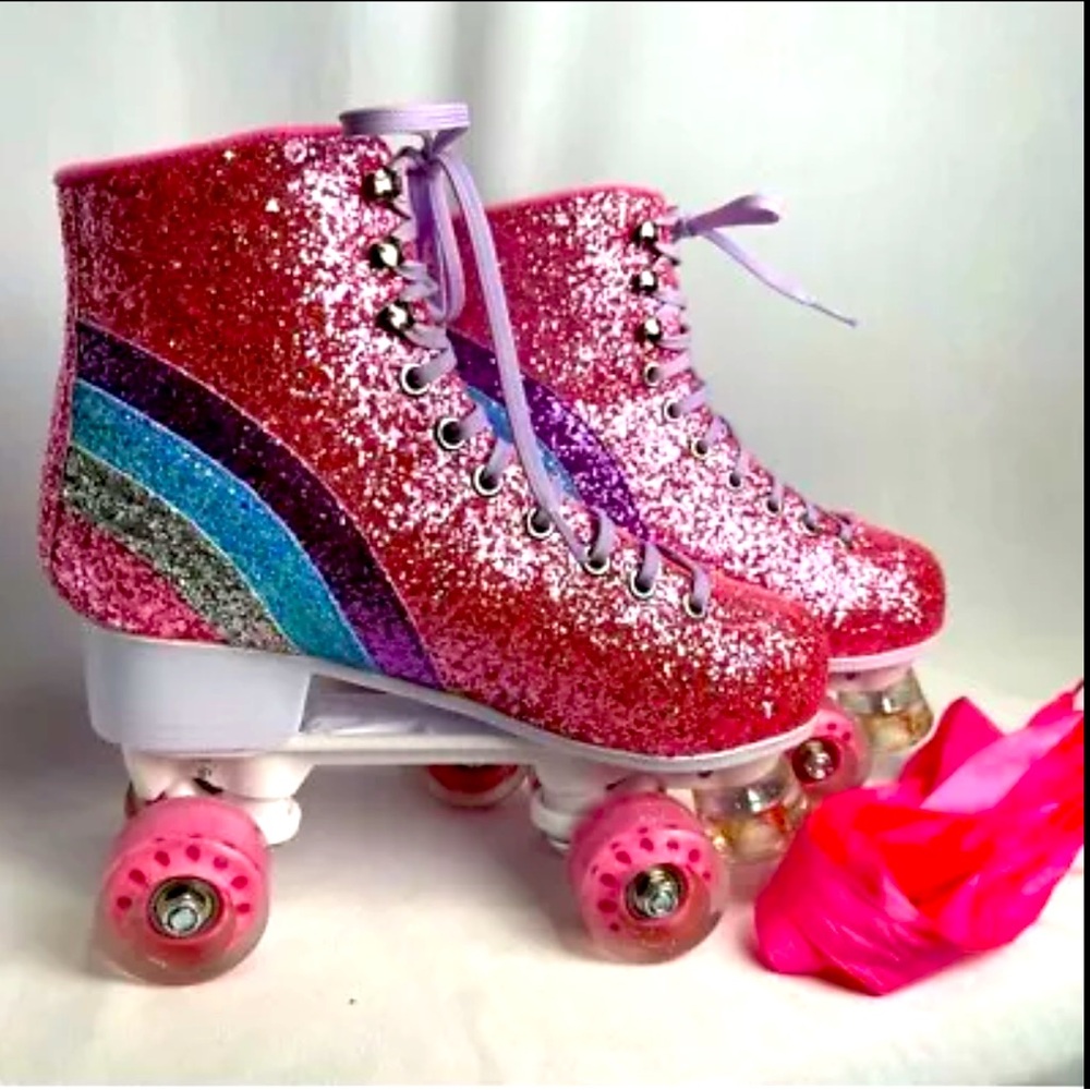 Sugar Thrillz Pink Glitter Rainbow Roller Skates with Extra Derby Laces Size 10M